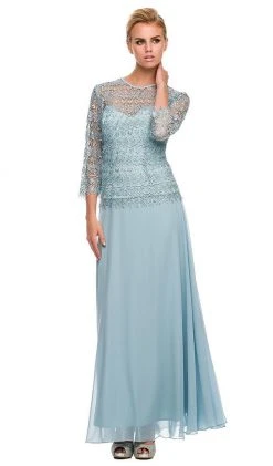 Formal Gowns Nox Anabel - 5083 Quarter Sleeves Lace Overlay Top Long Formal Dress