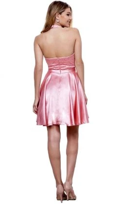 Nox Anabel - 6217 Illusion Laced Halter Short Prom Dress