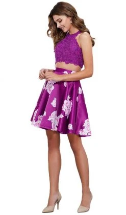 Nox Anabel - 6219 Two-Piece Lace Halter Floral Cocktail Dress