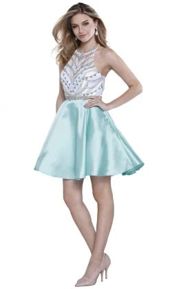 Nox Anabel - 6247 Beaded High Halter Illusion Satin Short Cocktail Dress Cocktail Dresses
