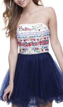 Nox Anabel - 6249 Embroidered Laced Up Tulle Cocktail Dress