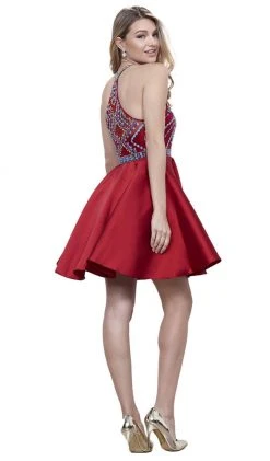 Nox Anabel - 6251 Bejeweled Illusion Halter Satin Dress Cocktail Dresses