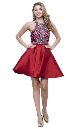 Nox Anabel - 6251 Bejeweled Illusion Halter Satin Dress Cocktail Dresses