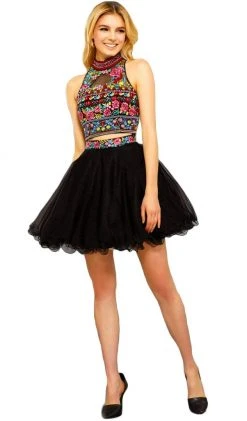 Nox Anabel - 6272 Halter Illusion Cutout Floral Cocktail Dress Cocktail Dresses