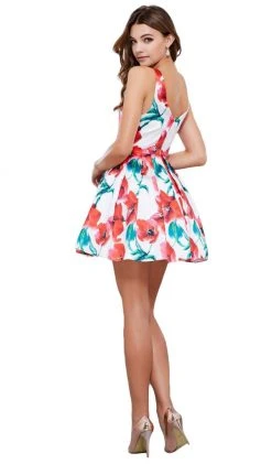 Nox Anabel - 6286 V-Neckline Floral Print A-Line Cocktail Dress Cocktail Dresses