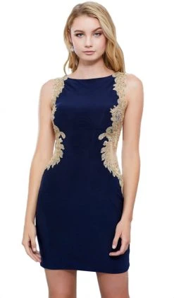 Nox Anabel - 6312 Gilded Bateau Neck Sheath Cocktail Dress 14 Nox Anabel - 6312 Gilded Bateau Neck Sheath Cocktail Dress