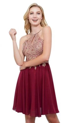 Cocktail Dresses Nox Anabel - 6324 Ornate Lace Cutout Bodice Halter Dress