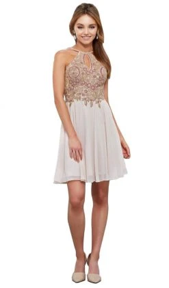 Cocktail Dresses Nox Anabel - 6324 Ornate Lace Cutout Bodice Halter Dress