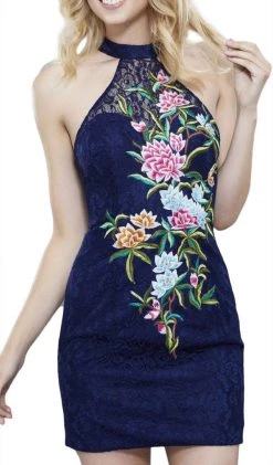 Cocktail Dresses Nox Anabel - 6334 High Haltered Lace Sheath Cocktail Dress