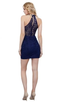 Cocktail Dresses Nox Anabel - 6334 High Haltered Lace Sheath Cocktail Dress