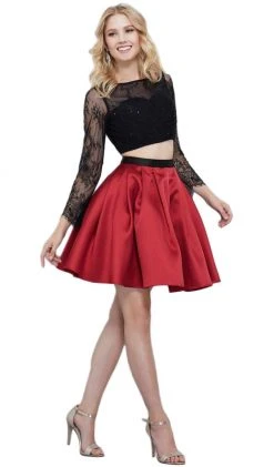 Nox Anabel - 6371 Two Piece Lace Long Sleeves Cocktail Dress Cocktail Dresses