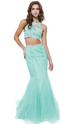 Formal Gowns Nox Anabel - 8156 Embellished Halter Crop-Top Two Piece Evening Gown