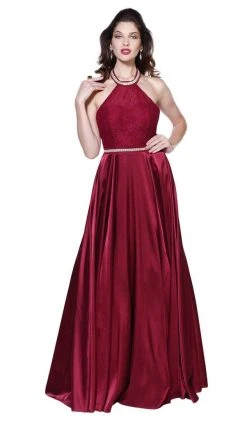 Nox Anabel - 8198 Sleeveless Embroidered Halter Neck A-Line Gown Formal Gowns