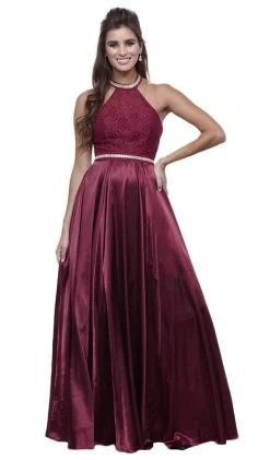 Nox Anabel - 8198 Sleeveless Embroidered Halter Neck A-Line Gown Formal Gowns