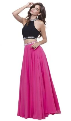 Nox Anabel - 8214 Two-Piece Bedazzled Halter Neck A-line Dress Formal Gowns