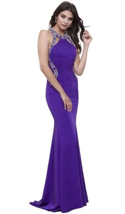 Formal Gowns Nox Anabel - 8294 Bedazzled Halter Neck Long Trumpet Dress