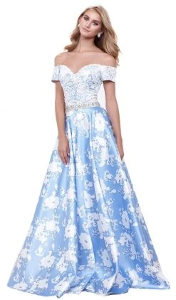 Formal Gowns Nox Anabel - 8301 Lace Off Shoulder Floral A-Line Gown