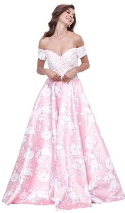 Formal Gowns Nox Anabel - 8301 Lace Off Shoulder Floral A-Line Gown