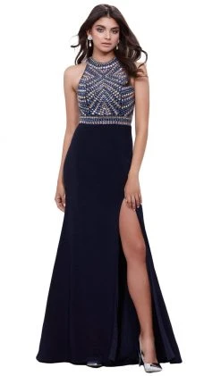 Nox Anabel - 8321 Rhinestone Embellished Halter Illusion Evening Gown