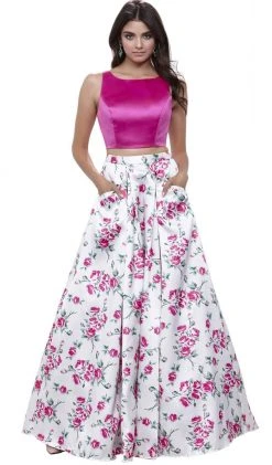 Nox Anabel - 8331 Bateau Neck Two-Piece Floral A-line Evening Gown