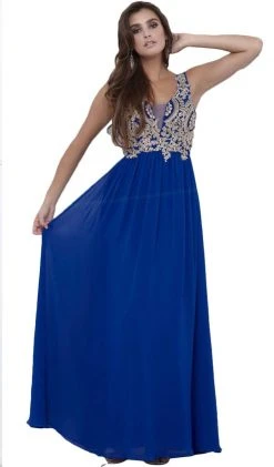 Formal Gowns Nox Anabel - 8343 Sleeveless Beaded V Neck Lace Bodice Long Gown