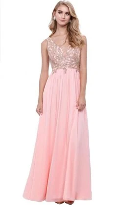 Formal Gowns Nox Anabel - 8343 Sleeveless Beaded V Neck Lace Bodice Long Gown