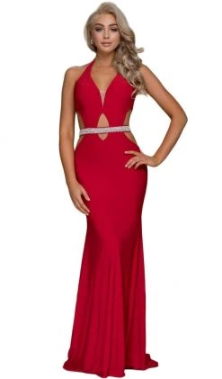 Nox Anabel - A046 Plunging Halter Embellished Sheath Dress