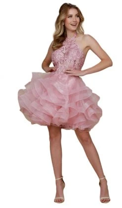 Nox Anabel - A610 Embroidered Halter Tiered A-line Dress