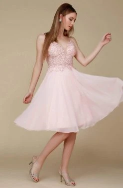 Cocktail Dresses Nox Anabel - A660 Beaded Lace V-neck A-line Dress