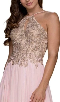 Nox Anabel - B084 Gilded Lace Cutout Halter Chiffon Evening Gown