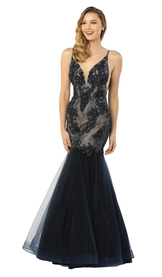 Formal Gowns Nox Anabel - E185 Sleeveless V Neck Beaded Lace Tulle Mermaid Gown 7 Formal Gowns Nox Anabel - E185 Sleeveless V Neck Beaded Lace Tulle Mermaid Gown