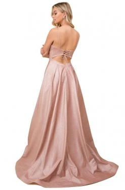 Nox Anabel - E379 Illusion Deep V Neck Glitter Knit Ballgown Formal Gowns