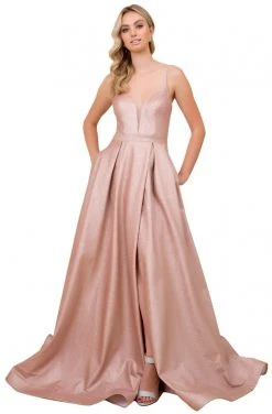 Nox Anabel - E379 Illusion Deep V Neck Glitter Knit Ballgown Formal Gowns