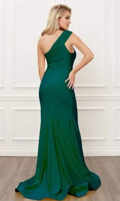 Long Dresses Nox Anabel - E440 Pleated One-Shoulder Neckline High Slit Mermaid Gown