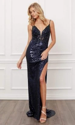 Formal Gowns Nox Anabel - E452 Glitter Sequined High Slit Sheath Gown