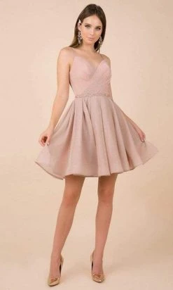Nox Anabel - Embellished V-neck Pleated A-line Dress T681 - 1 Pc Blush In Size L Available Cocktail Dresses