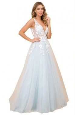 Nox Anabel - F339 Floral Appliqued Illusion Bodice A-Line Tulle Gown Formal Gowns