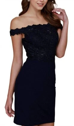 Nox Anabel - G653 Appliqued Illusion Off Shoulder Sheath Dress Cocktail Dresses