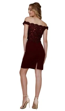 Nox Anabel - G653 Appliqued Illusion Off Shoulder Sheath Dress Cocktail Dresses
