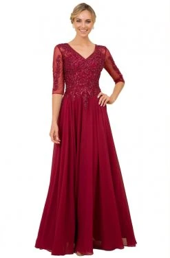 Nox Anabel - H537 Beaded Quarter Sleeve Chiffon A-Line Dress