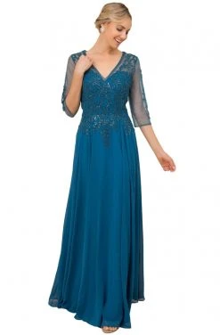 Nox Anabel - H537 Beaded Quarter Sleeve Chiffon A-Line Dress