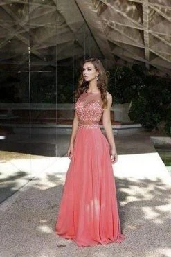 Nox Anabel - Illusion Bateau Embellished A-Line Dress 8251 - 1 Pc Coral In Size 2XL Available Formal Gowns