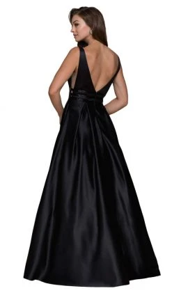 Formal Gowns Nox Anabel - M130 V Neck Triple Waistband Sleeveless Satin Gown