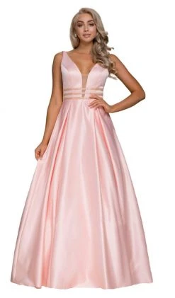 Formal Gowns Nox Anabel - M130 V Neck Triple Waistband Sleeveless Satin Gown