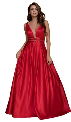 Formal Gowns Nox Anabel - M130 V Neck Triple Waistband Sleeveless Satin Gown