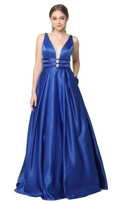 Formal Gowns Nox Anabel - M130 V Neck Triple Waistband Sleeveless Satin Gown