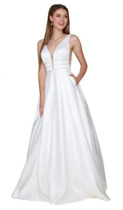 Formal Gowns Nox Anabel - M130 V Neck Triple Waistband Sleeveless Satin Gown