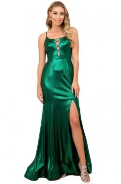 Formal Gowns Nox Anabel - M413 Crisscross Plunge Metallic High Slit Gown