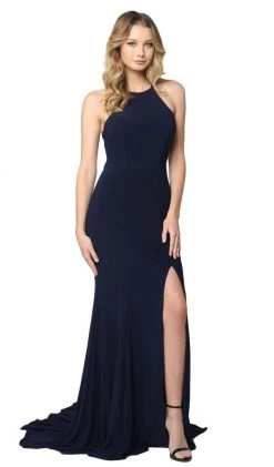 Nox Anabel - Q131 High Halter Georgette Mermaid Gown With Slit Formal Gowns