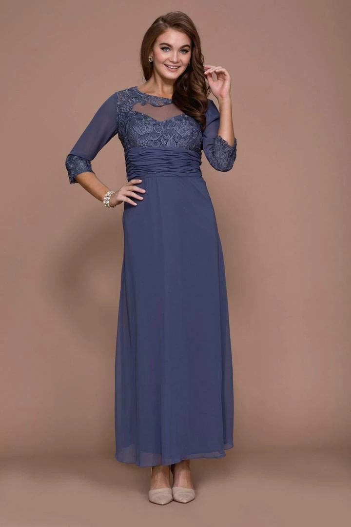 Nox Anabel - Quarter Length Sleeves Empire Long Dress 5101 - 1 Pc Steel In Size L Available Formal Gowns 3 Nox Anabel - Quarter Length Sleeves Empire Long Dress 5101 - 1 Pc Steel In Size L Available Formal Gowns